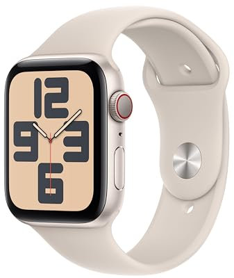 Apple Watch SE de 2.ª generación, 2023 [GPS + Cellular] Smartwatch con Caja de Aluminio en Blanco Estrella de 44 mm y Correa Deportiva Blanco Estrella - Talla M/L. Monitor de entreno y sueño