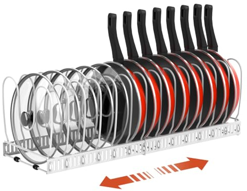Housolution Porta Pentole e Padelle, Espandibile Porta Coperchi Pentole con 14 Scomparti Regolabili, Organizer Coperchi Pentole e Padelle per Cucina, Bianco