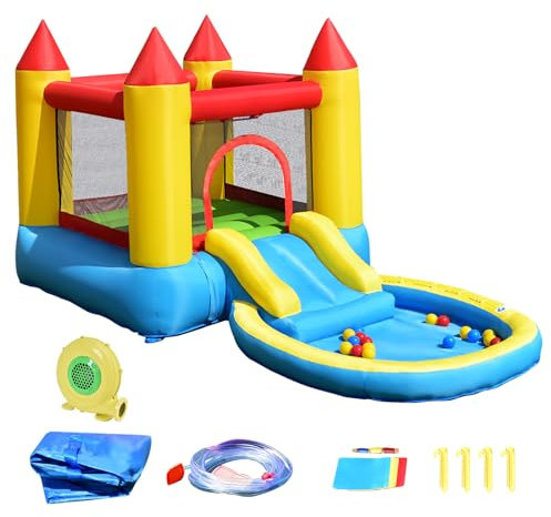 LIFEZEAL Castillo Hinchable con Cama elástica y tobogán, Piscina y 30 Pelotas, Parque Infantil 365x200x190cm para niños de 3 a 5 años, Uso Interior y Exterior (con soplador)