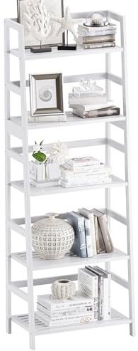 vovala Leiterregal, 5-stöckiges Bücherregal, vollwertiges Bambus-Hochleistungs-Bücherregal, freistehendes offenes Holzregal, moderner Eckständer für Wohnzimmer, Home Office, Badezimmer, Weiß