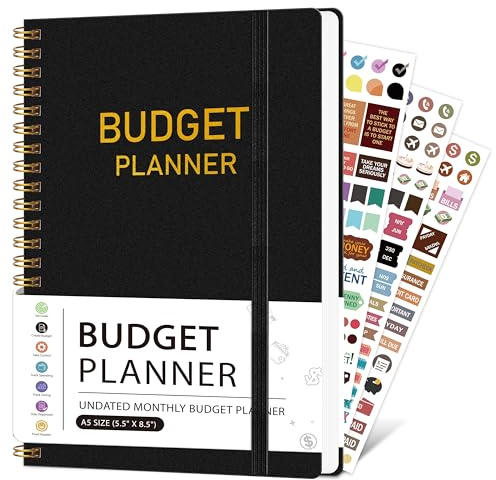 DOURA Monthly Budget Planner, Monthly Budget Book Planner with Expense Tracker Notebook, 5.5 x 8, Undated Budget Planner and Bill Organizer with Stickers and Cash Envelopes - Black