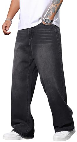 Zewool Jeans Baggy Hip hop pour Hommes,Jeans Skater à Jambe Large,Y2K Streetwear Pantalons en Denim décontractés Skateboard Coupe Droite relaxée extrême liberté de Mouvement,E10 Noir,S
