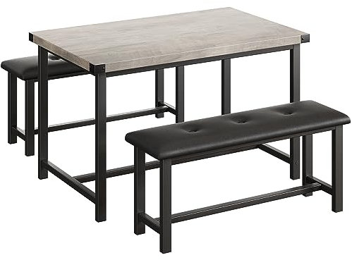 OPULENTHOME Esstisch mit 2 Bänken, Essgruppe 3-teilige, Bartisch Set, Küchentisch, Küchentischset mit Metallgestell, Esszimmergruppe für 4 Personen, für Esszimmer Küche