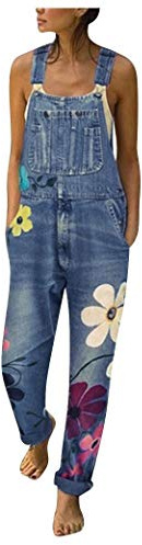 YIzdegg Hängselbyxor dam, sommar, jeans, arbetsbyxor med fickor, storlekar, färgglada blommönster, tryck, smala axelband, sommaroverall, jeans, hängselbyxor, ärmlös, säckig, jeansoverall, bekväm