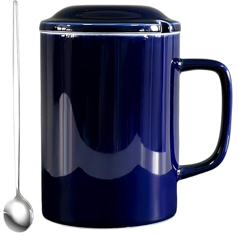 NIUKOMY Tazza Jumbo Grande 1000ML, Tazze Gigante, Tazza da Caffè Extra Large in Ceramica con Coperchio e Cucchiaio per Ufficio e Casa, Blu