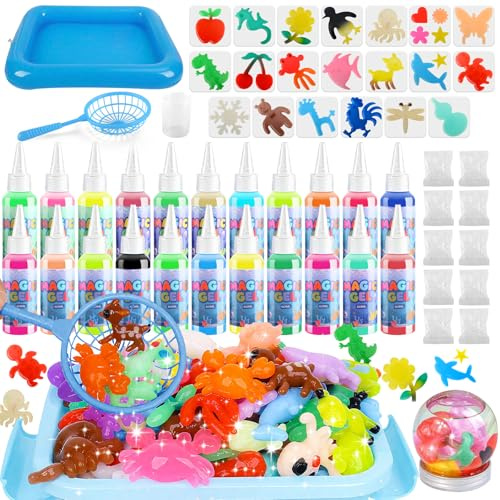 Juguete de Aqua Gelz Set, DIY Magic Water Elf Kit, 3D Creativo Elfo Mágico Gel de Agua con 22 Botes de Gel de Color y 20 Formas, Juguete Educativos Manualidades Regalo para Niños Niñas 3+ Años