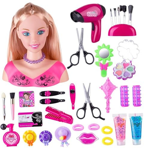 Testa di bambola per acconciature 35 pezzi/set Testa di bambola per acconciature simulata per bambini con asciugacapelli alimentato a batteria Fantasioso e trucco Imparare Giochi di finzione per