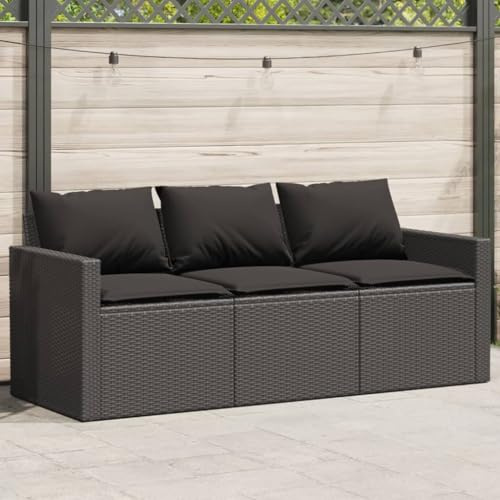 Frdhee Loungesofa Couch Gartenlounge Sofa,Gartensofa mit Kissen 3 Sitzer Schwarz Poly Rattan,Für Garten,Balkon,Terrasse,Kann Schnell Zusammengebaut Werden