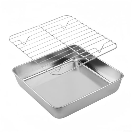 Trayneel Bandeja para hornear de acero inoxidable con rejilla de enfriamiento de 20 x 20 x 5 cm, bandeja de pavo asado para horno, barbacoa, pastel, cocina, uso (24 cm)