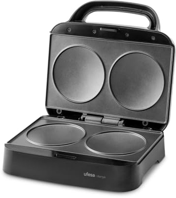 Ufesa Kenya Smörgåsgrill 750W för Pannkakor, Ägg och Arepas, Non-stick Runda Plattor, Kompakt med Vertikal Förvaring, PFOA-fri, Rostfri Finish, Kabeluppsamlingssystem