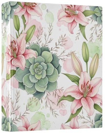 Rosa liljor grön 3 ringpärm 3,5 cm, flexibel D-ringpärm med fickor, 1-pack