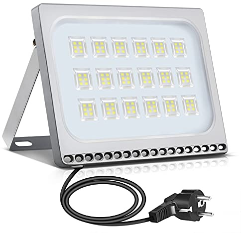 papasbox Proiettore LED Esterno 100W, 10000LM Luce Bianca Fredda 6500K, IP65 Impermeabile Faretto LED con Spina, Super Brillante per Giardino, Terrazza, Fabbrica, Parcheggio, Cantiere