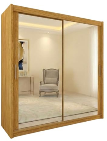 INTERWOOD Double Full Mirror Sliding Door Wardrobe - 2&3 Doors Wardrobe with Hanging Rail, Adjustable Shelves, Chrome Handles | Sturdy MDF Bedroom Wardrobes for Bedroom Furniture (Oak 203cm)