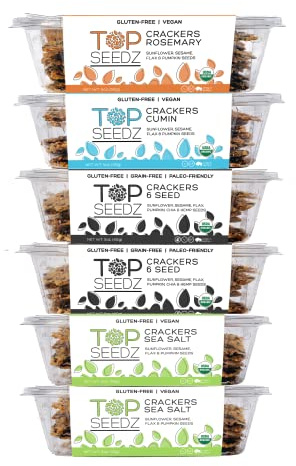 Top Seedz Certified Organic Gluten Free Savory Sensation Seed Crackers | 6-Pack | 5 Ounces | Healthy Vegan Crackers with Plant Based Protein | Made of Sunflower, Flax, Sesame and Pumpkin Seed