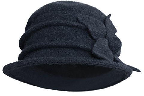 Boodtag Chapeau cloche en laine pour femme - Style vintage - Chaud - Motif floral - Style années 1920, bleu marine, Taille unique
