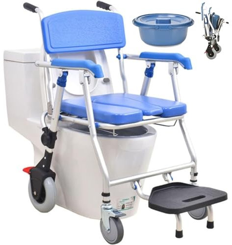 Silla de Ducha y Wc con Ruedas, Silla de Inodoro Plegable Taburete de Ducha Multifunción para Anciano Mujeres Embarazadas Paciente Que No Pesen Más de 150kg, Ahorra Espacio
