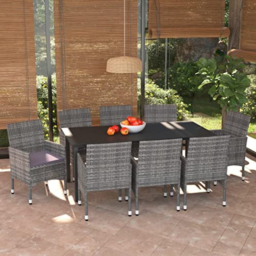 KTHLBRH Juego de muebles de jardín para exteriores, balcón, mesa y sillas de 9 piezas, juego de comedor con cojines de poliratán gris