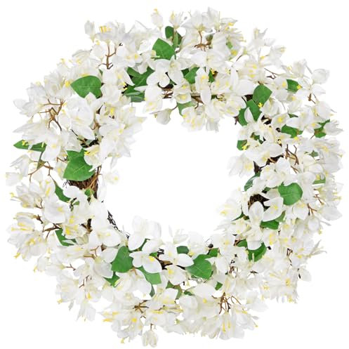 Oairse 18/46cm Artificial Bougainvillea Flowers Wreath Spring Summer Wreath Faux Floral Wreath White Bougainvillea Door Wreaths for Front Door Home Kitchen Wall Mantle Farmhouse Indoor Outdoor Decor
