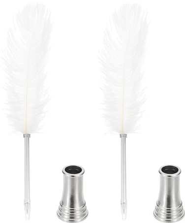 PATIKIL Fjäder kulspetspenna, 2 st 0,5 mm fluffig vintage bläckpenna raffinerad pläterad stav Quill penna med 2 st stativhållare för kalligrafi skrift signatur gäst bröllopspresent, vit