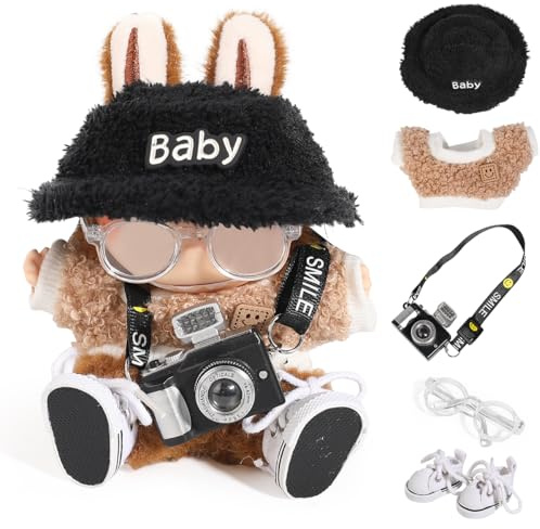 XMBYGY 5 Set Ropa para LABUBU(para Pie/Sentado 17/15cm Muñeca)(NO Muñeca) - Accesorios Ropa para Muñecas Outfit Incluido Figuras Lindas Ropa+ Sombrero de Terciopelo+ Cámara+ Gafas+ Zapato