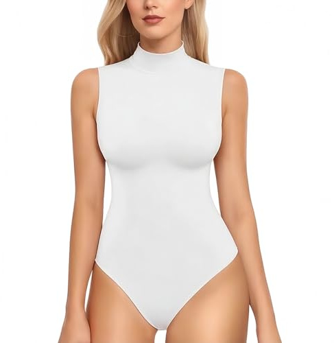 RuiChy Bodis sin Mangas para Mujeres Cuello Alto Bodys Femenino Parte Superior de Mono Salir Ajuste Esbelto Casual Bodyss Leotardo Ropa de Club(Blanco/L)