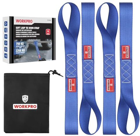 WORKPRO Sangles d’Arrimage à Boucle Souple 4PCS 43×4 cm, Résistance à la Rupture 2268 kg, Charge de Travail 756 kg, Polyester Haute Résistance, Sangle de Serrage pour Moto, Vélo, Bagages et Voyage