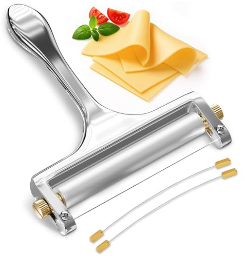 Cheese Slicer Wire - Sharp & Strong Stainless Steel Cheese Cutter Handheld with 2 Extra Wires, Slice Tickness Adjuster, Comfortable Handle & Dishwasher Safe, for Mozzarella, Cheddar & Gruyere Slicing
