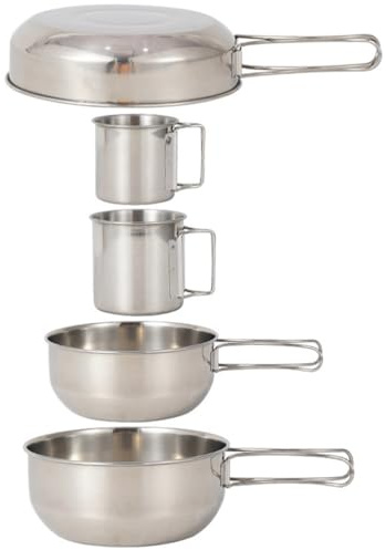 TOGEVAL Ensemble Vaisselle Camping en Acier Inoxydable 5 Pièces Casseroles Pliables, Tasses Légères, Couverts Pêche, pour Randonnée et Pique-niques en Plein Air