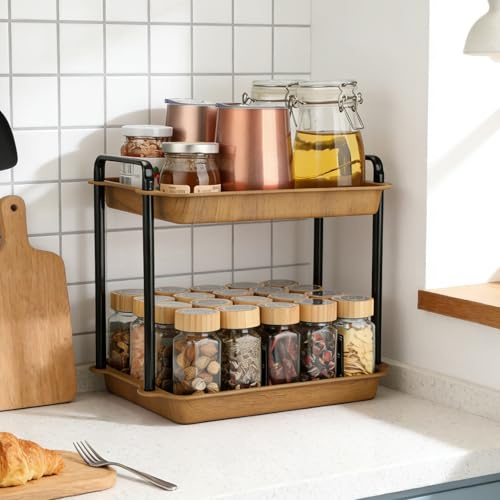 VINATO Étagère à Épices, Rangement 2 Étagères, Organisateur de Cuisine en Acier Carbone et Imitation Bois, Tiges de Support Renforcées, pour Plan de Travail, Cuisine, Salle de Bain, Bureau