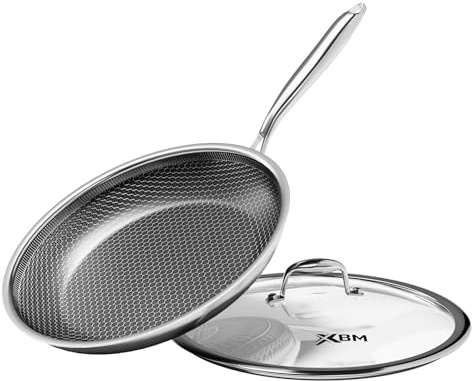 XBM Honeycomb Stainless Steel Nonstick Frying Pan with Lid 12 Inch, Induction Cooktop Compatible Skillet, PFOA-Free Scratch-Proof, Dishwasher & Oven Safe, Stay-Cool Handle, Silver Kitchen Cookware