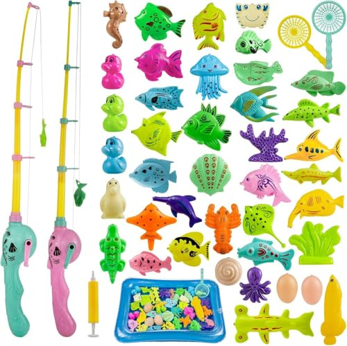 Gaethra Giocattolo Pesca Magnetico 45 pezzi Fishing Game Magnetico Giocattolo da Bagno Canne da Pesca Giocattolo con Piscina Gonfiabile Giocattolo Divertente all'Aperto Regali Ottimi per Bambini