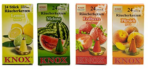 KNOX 4 rökelseljus – uppsättning om 4 storlek M – sommarfrukter – citron melon jordgubbe persika – 4 x 24 stycken – Made in Germany