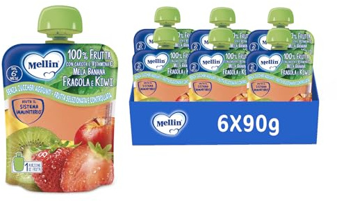 Mellin, Pouch Merenda 100% Fragola e Kiwi con Carota e Vitamina C - 6 Confezioni da 90 gr