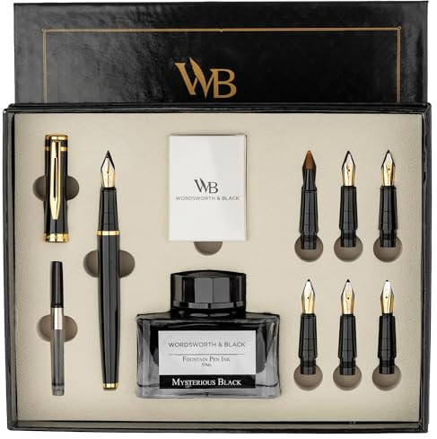 Wordsworth & Black Set regalo penna per calligrafia, include bottiglia d'inchiostro, 6 cartucce d'inchiostro, convertitore di ricarica d'inchiostro, 6 punte di ricambio, Pacchetto Premium [Oro Nero]
