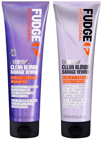 Fudge Professional Everyday Clean Blonde Damage Rewind Haircare Duo, Daily Purple Toning Routine, Shampoo and Conditioner Set for Blonde Hair, 2 x 250 ml