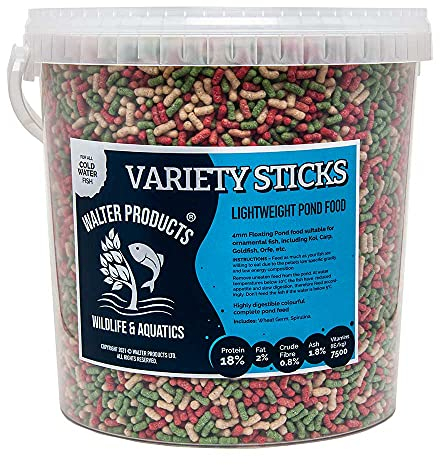 Walter Products Wildlife and Aquatics Variety Sticks (10L Tub) | Pond Fish Food for Goldfish, Koi and all Cold Water Pond Fish | Floating Fish Food Pond Sticks in Stay Fresh EasyTubs and Refill Bags