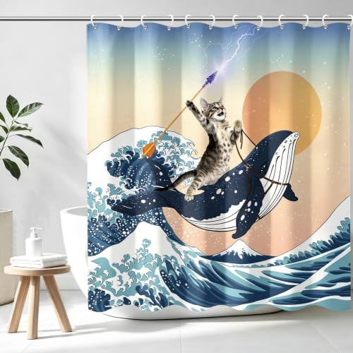 Aimego roligt duschdraperi modig katt håller trident ridande haj i havet, haj katt duschgardiner med krokar för badrumsdekor tillbehör badkar gardin, 183 cm x 183 cm