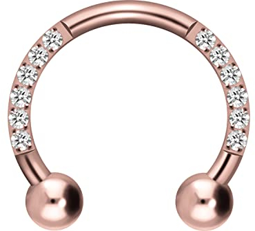 PIERCINGLINE Ohr-Piercing Titan Hufeisenform 10 Kristalle Piercing Nase Septum Helix Tragus Roségoldfarben 8 mm
