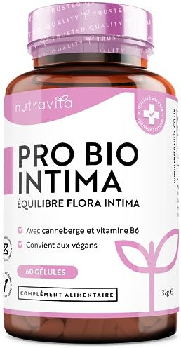 Nutravita Pro Bio Intima – Probiotiques pour Femmes – 40 Milliards d’UFC, Probiotique à 5 Souches avec Canneberge et Vitamine B6 – Cultures Bio pour la Flore Intime Féminine – 60 Gélules Véganes
