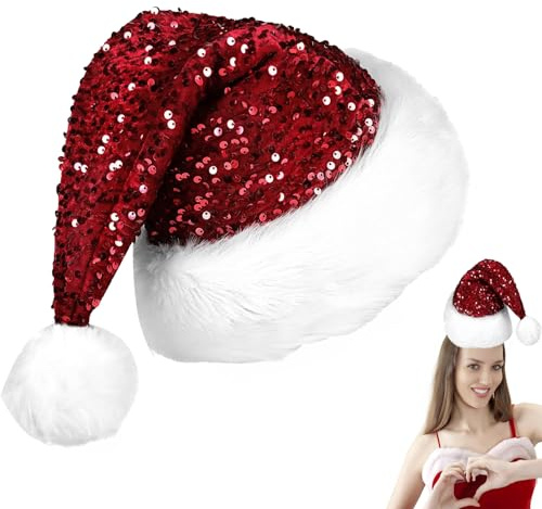 Christmas Sequin Santa Hat,Sparkly Red Christmas Sequin Hat for Adults,Luxury Santa Hats Christmas Cap Santa Claus Hats Father Xmas Costume Fancy Dress Accessory for Xmas New Year Party Supplies
