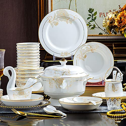 Vajilla de 42 Piezas, Cocina de Porcelana Blanca, vajilla de Porcelana de Hueso, Servicio Combinado para 6 Personas con tazones de Cereales, Platos, vajilla y Olla sopera con Borde Dorado, microondas