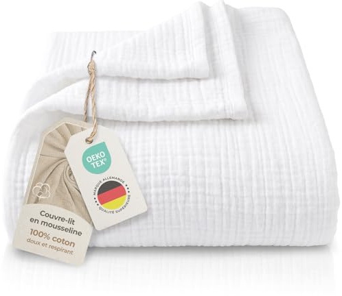 LAYNENBURG Premium Plaid canape Grande Taille en Mousseline 100% Coton – Couvre lit Respirant 4 Couches, Plaid Grande Taille, Jeté de canapé - Couverture légère 220x240 cm de Blanc