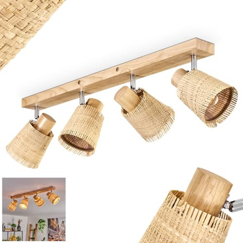 HOFSTEIN Ceiling Light Lindberg, Modern Ceiling lamp, Wood/Metal/Bast, Light Brown/Chrome/Natural Colours, Scandinavian Design, Adjustable spotlights, 4 x E14, Corridor, Dining Room, Kitchen, Office