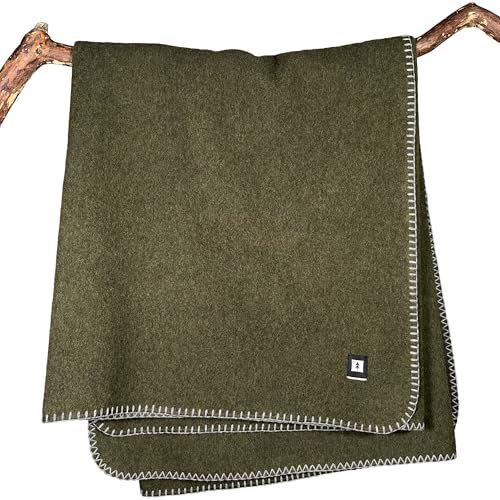 EKTOS 100% Virgin Wool Blanket 50 x 60 Perfect for Camping, Outdoor Essentials (Olive Green, Throw Size)