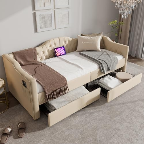 Rtopsu Divano Letto Imbottito 90x200 cm con USB Type C, Letto per Bambini con 2 Cassetti Contenitore, Letto per Ragazzi Struttura Letto con Telaio a Doghe in Legno, Velluto, Beige, Senza Materasso