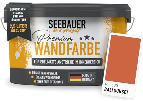 SEEBAUER diy Wandfarbe Orange 2,5L für Innen (No. 500 Bali Sunset) Edelmatte orange Innenfarbe - Orangetöne sehr hohe Deckkraft - Matt, Abwaschbar und Tropffrei