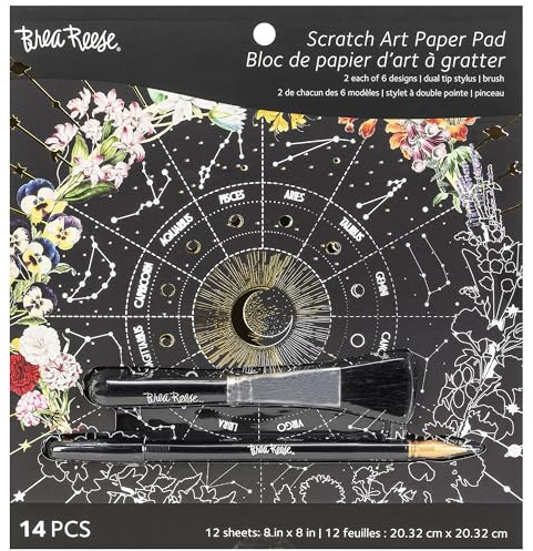 Brea Reese: Scratch Art Paper Pad - Whimsical Celestial - 12 Designs, 8x8 Pages, Metallic Guided Art Kit, Adult Craft Activity, Mindful Relaxation