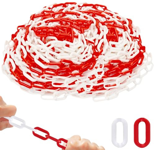 GOEDCH 25 m avstängningskedja av plast: röd vit plastkedja avstängning, 6 mm tjock plastkedja, varningskedja, parkeringsplatsavspärring plastkedja, för uppfarter, arbetsplatser och garage