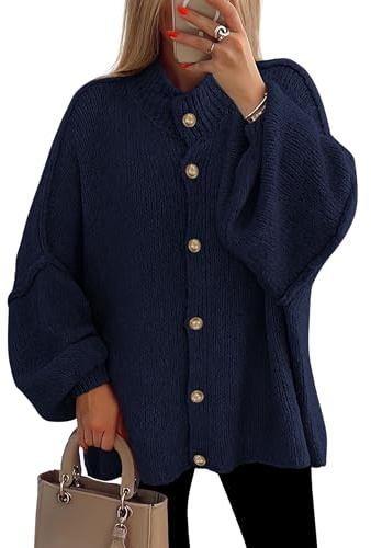 PRETTYGARDEN Women's Winter Button Down Cardigan Sweaters Mock Neck Lantern Long Sleeve Chunky Knit Jacket Trendy Outerwear, Navy, Small