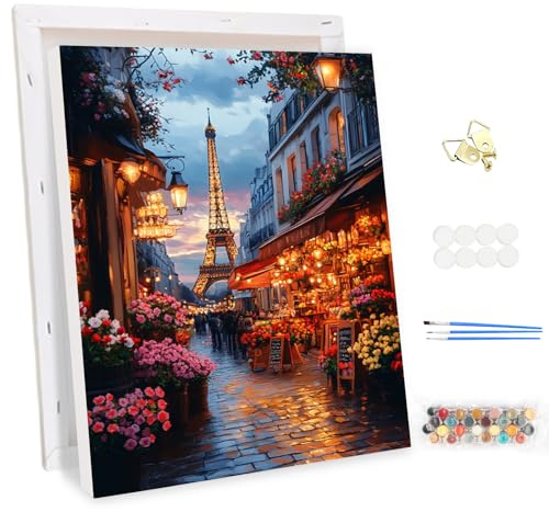 MEIYUDA Pintar por Numeros Adultos con Marco París al atardecer, DIY Pintura por Numeros Kit Manualidades, Cuadros por Numeros Pigmento Acrílico, Decoración para el Hogar Regalo de pared 30x40cm